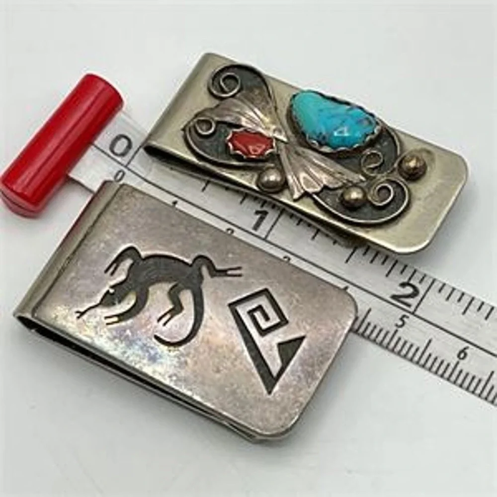 2 Navajo Sterling Silver Over Metal Money Clip Kokopelli Design Turquoise Coral
